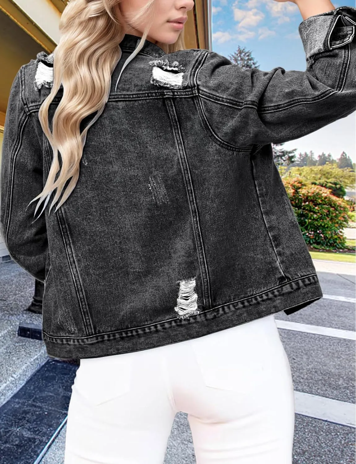 TodTan Jean Jacket Women Distressed Ripped - Casual Long Sleeve Fall Denim Jacket Coat
