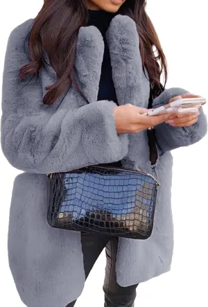 Womens Faux Fur Long Coats Warm Winter Outwear Fleece Overcoat Open Front Long Cardigan Jacket with Pockets