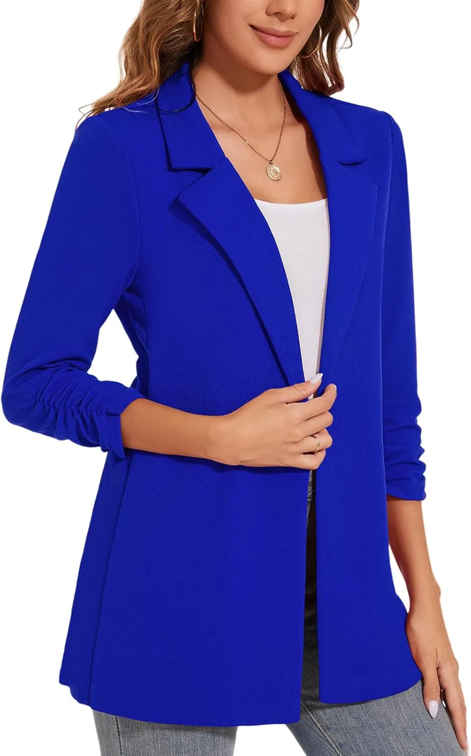 Women's Longline Blazer Button Open Front Lapel Collar 3/4 Sleeve Business Casual Office Work Lightweight Jacket
