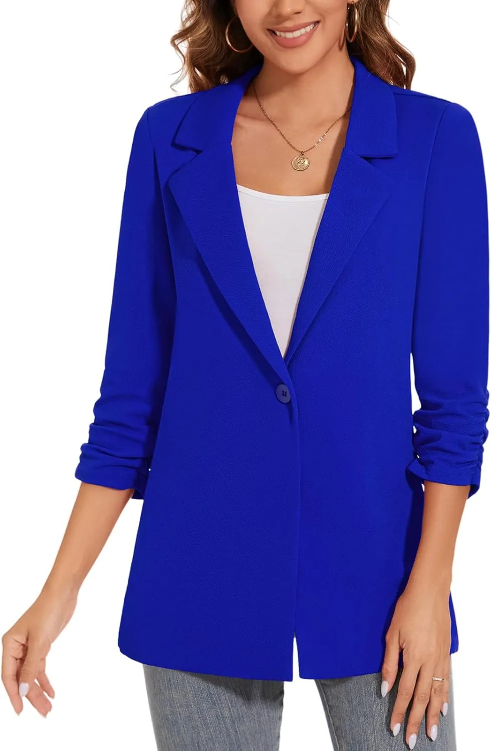Women's Longline Blazer Button Open Front Lapel Collar 3/4 Sleeve Business Casual Office Work Lightweight Jacket