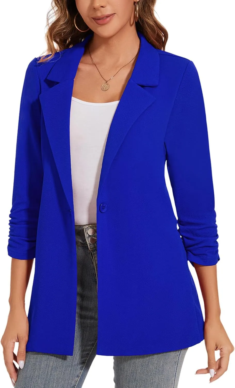 Women's Longline Blazer Button Open Front Lapel Collar 3/4 Sleeve Business Casual Office Work Lightweight Jacket