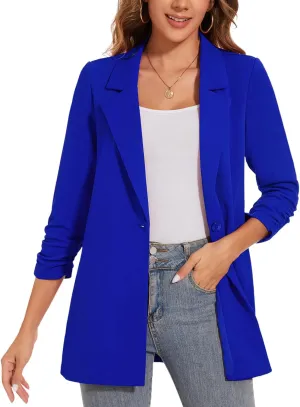 Women's Longline Blazer Button Open Front Lapel Collar 3/4 Sleeve Business Casual Office Work Lightweight Jacket