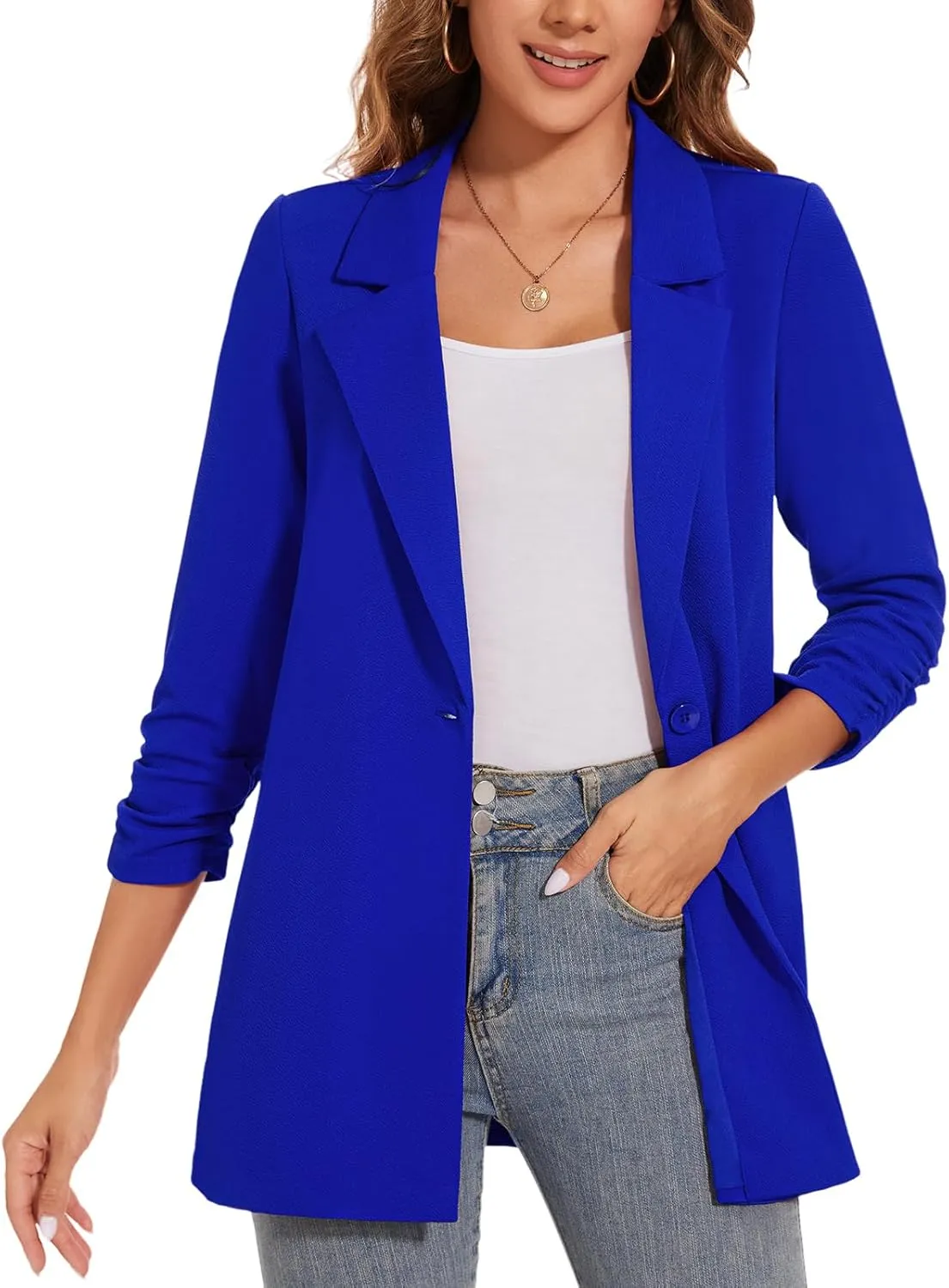 Women's Longline Blazer Button Open Front Lapel Collar 3/4 Sleeve Business Casual Office Work Lightweight Jacket