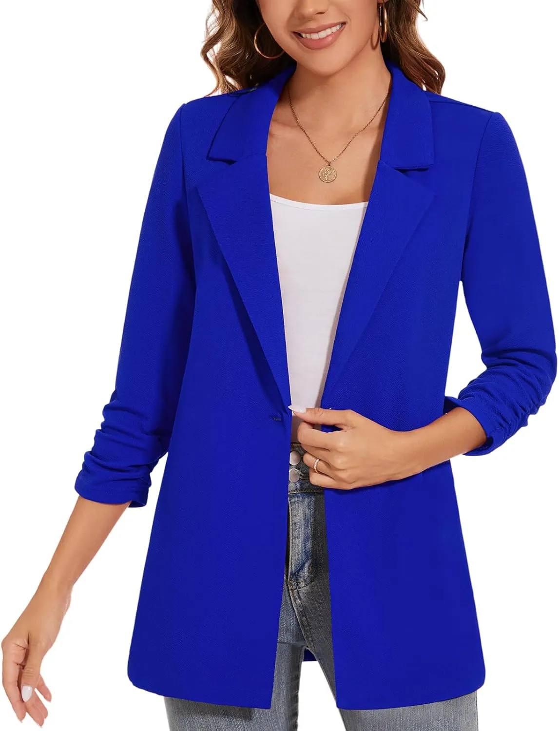 Women's Longline Blazer Button Open Front Lapel Collar 3/4 Sleeve Business Casual Office Work Lightweight Jacket