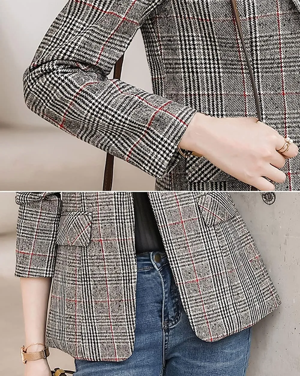 Womens Plaid Blazer Classic Notch Lapel Button Long Sleeve Slim Checker Jacket Outwear