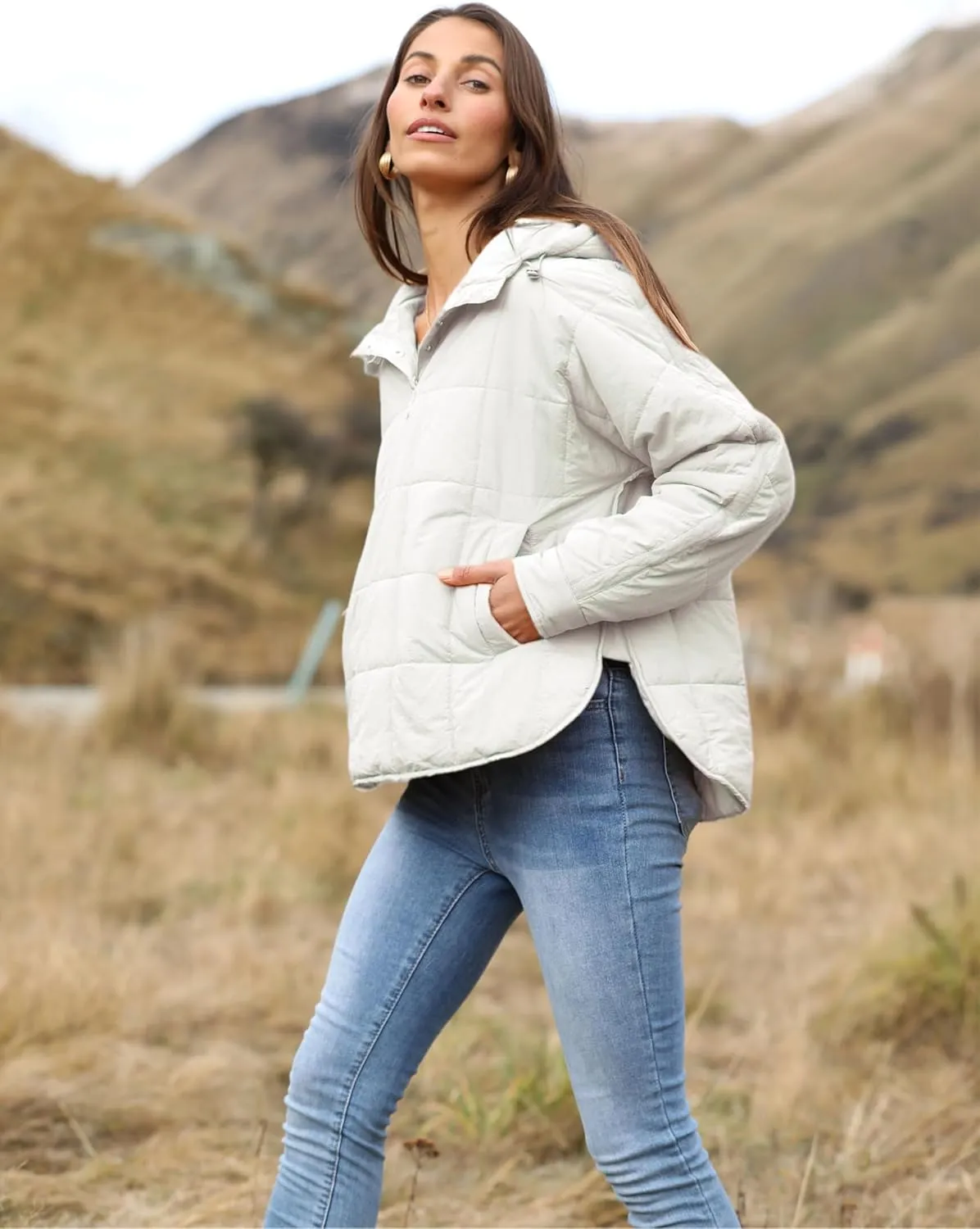 Women's Pullover Puffer Jacket Quilted Lightweight Dolman Sleeve Button Down Hooded Padded Coat with Pocket