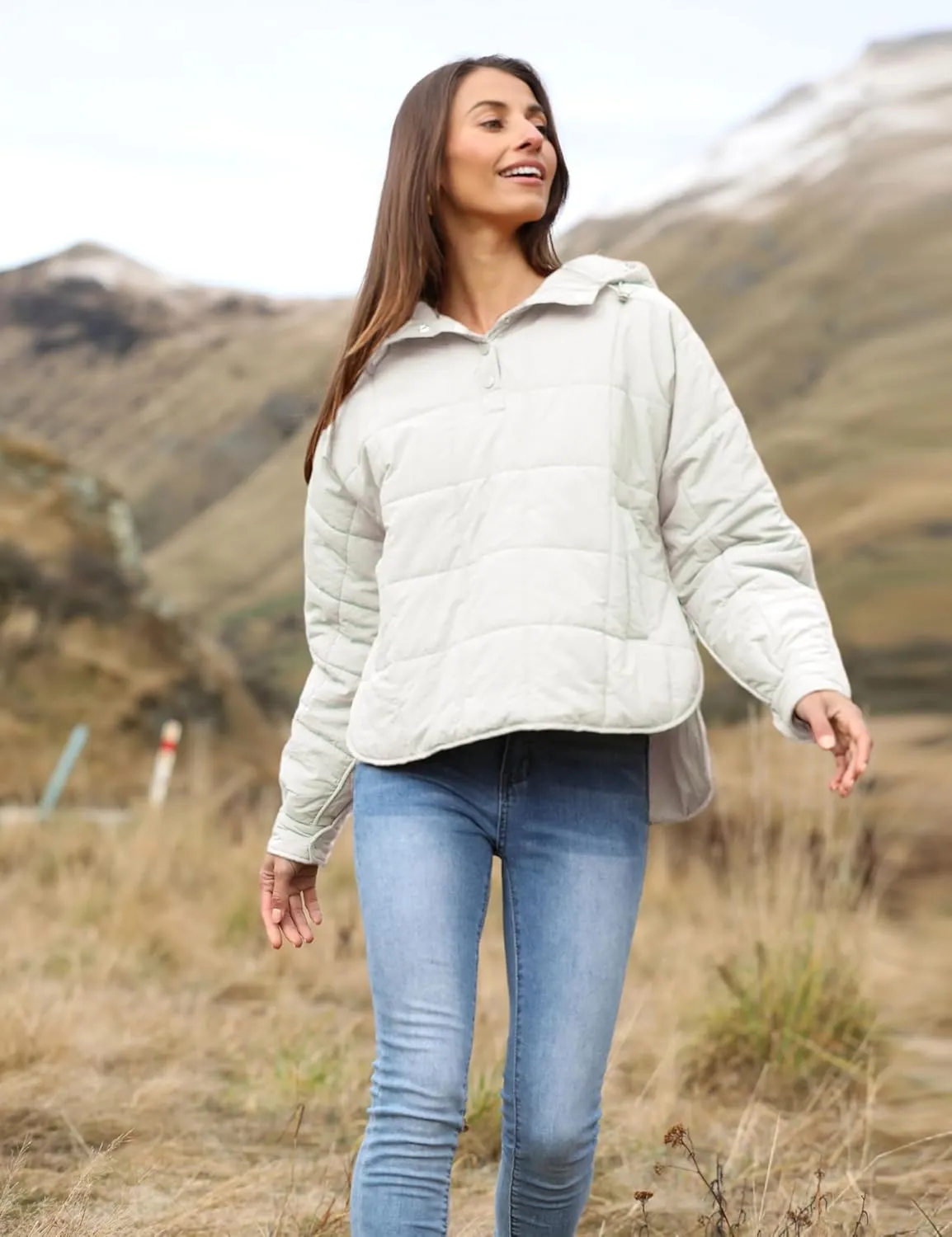 Women's Pullover Puffer Jacket Quilted Lightweight Dolman Sleeve Button Down Hooded Padded Coat with Pocket