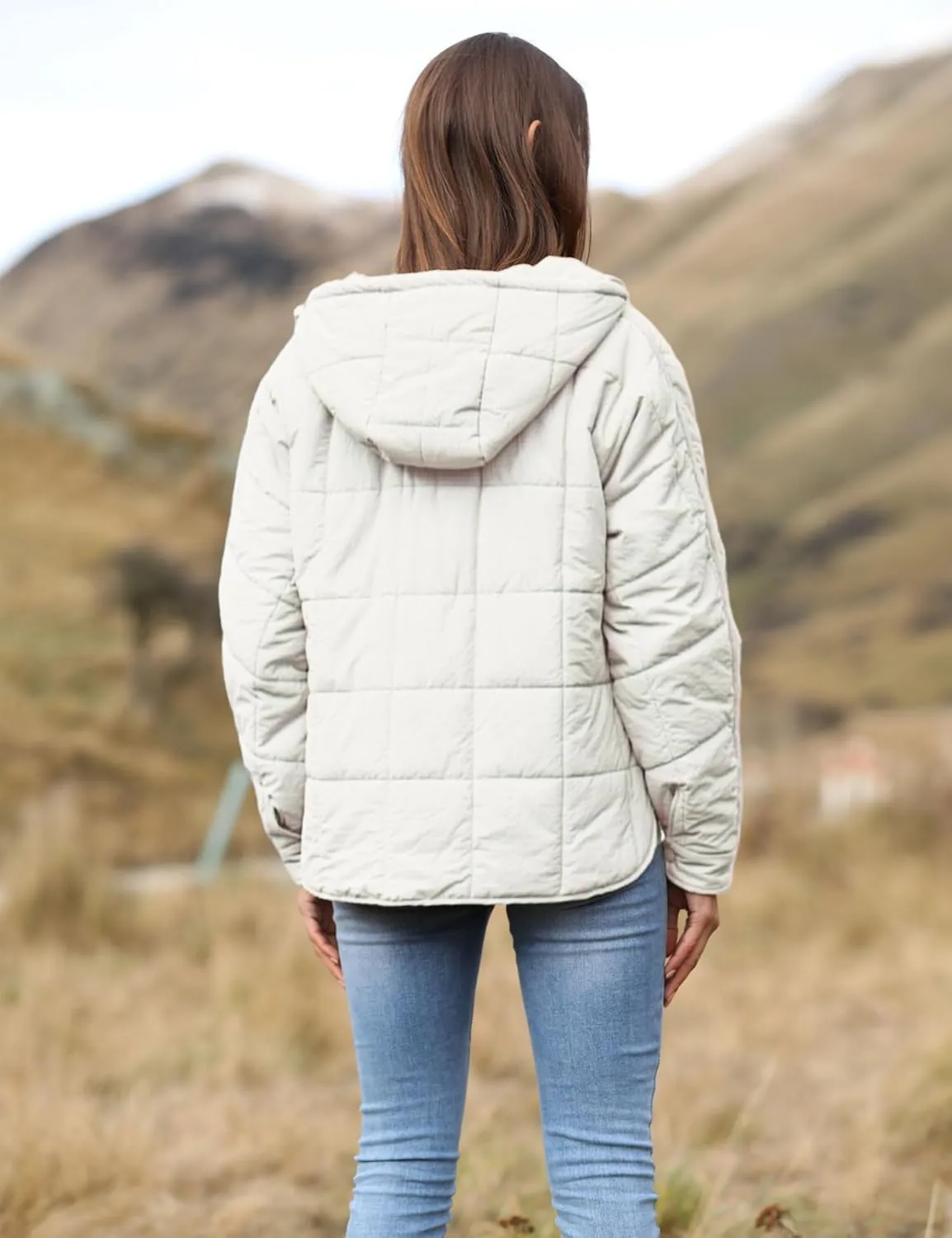 Women's Pullover Puffer Jacket Quilted Lightweight Dolman Sleeve Button Down Hooded Padded Coat with Pocket