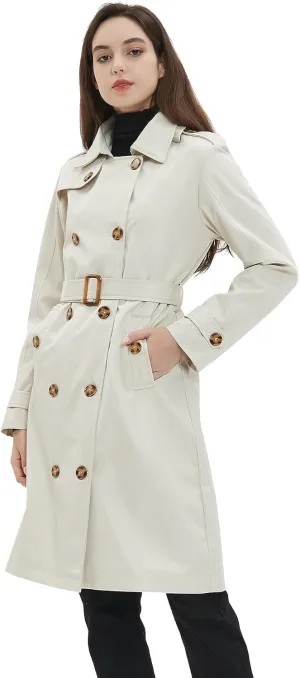 Womens Trench Coat Double-Breasted Long windbreak Belted Slim Outerwear Coat with Detachable Hood S-2XL