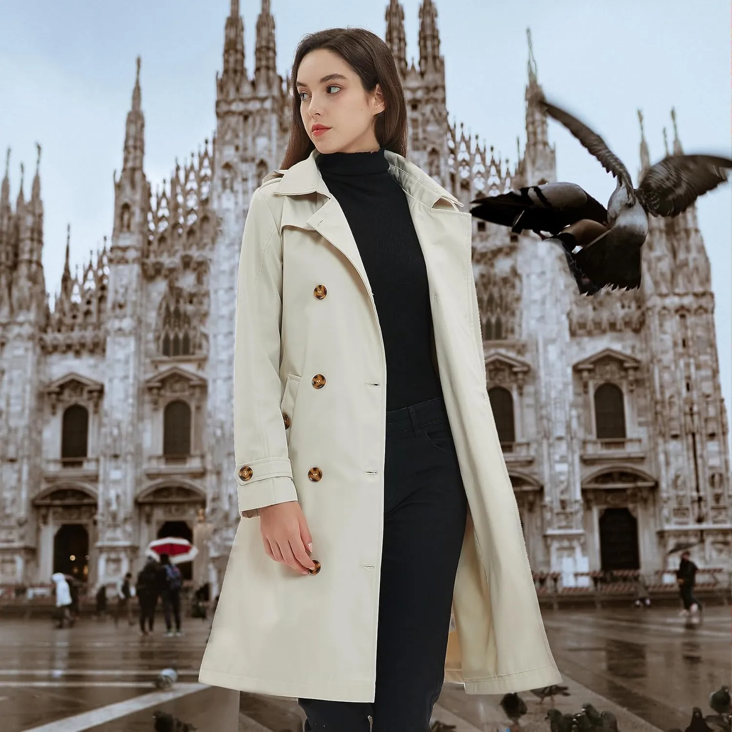 Womens Trench Coat Double-Breasted Long windbreak Belted Slim Outerwear Coat with Detachable Hood S-2XL