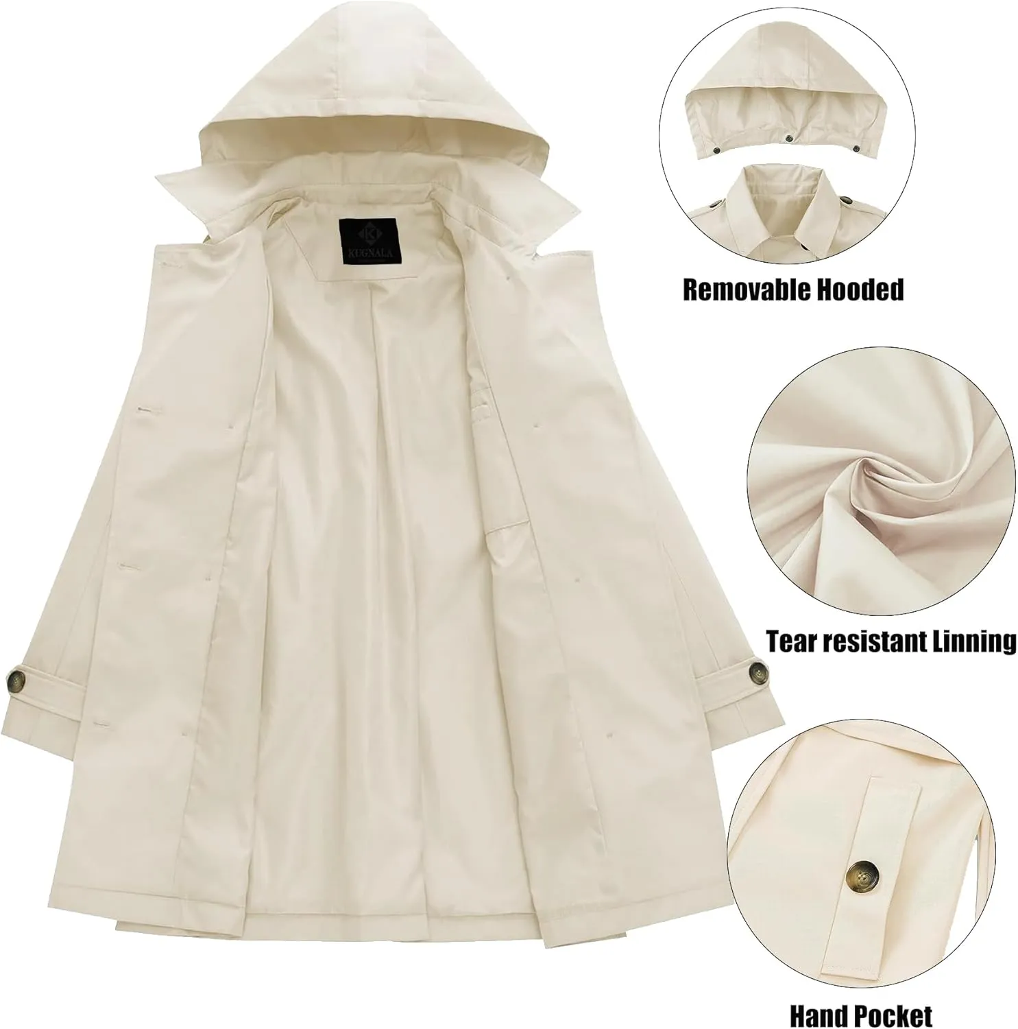 Womens Trench Coat Double-Breasted Long windbreak Belted Slim Outerwear Coat with Detachable Hood S-2XL