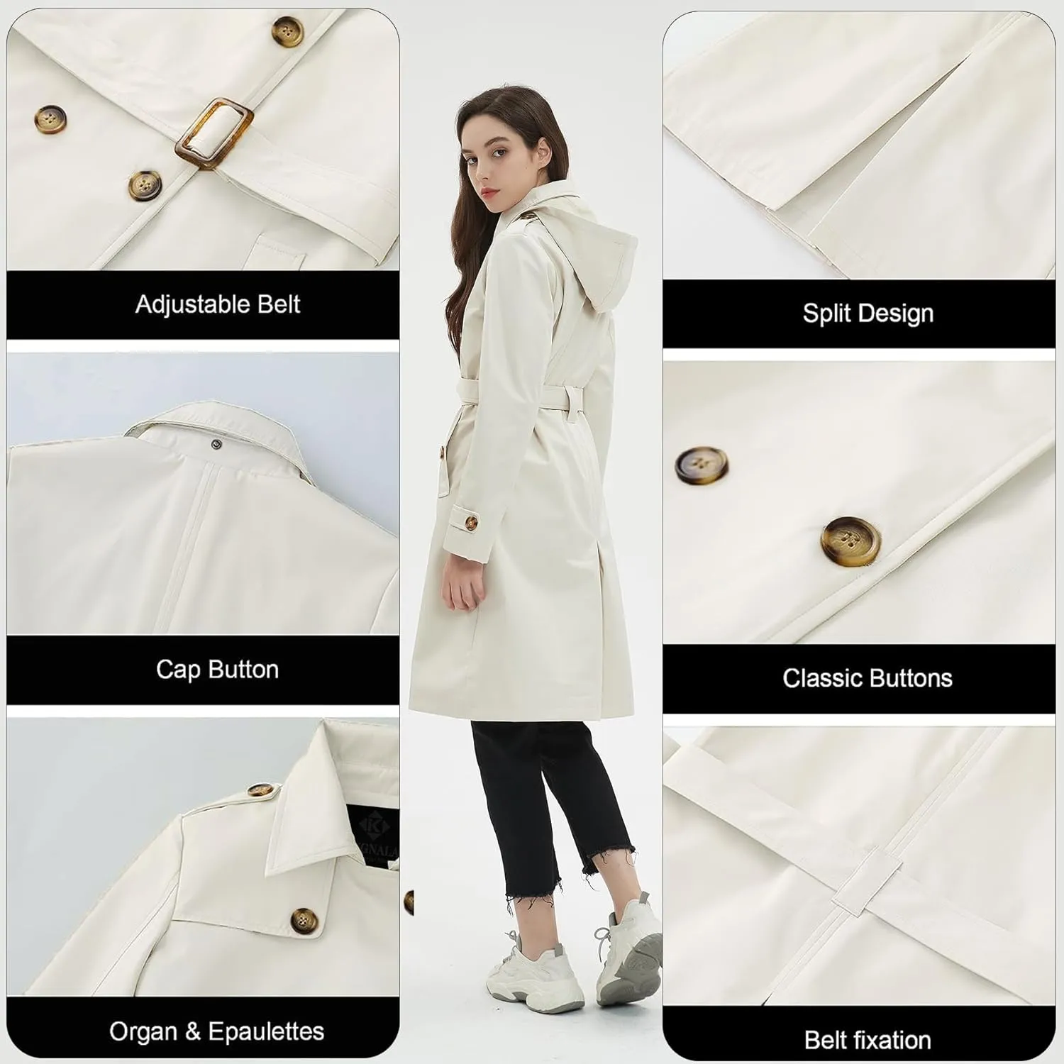 Womens Trench Coat Double-Breasted Long windbreak Belted Slim Outerwear Coat with Detachable Hood S-2XL
